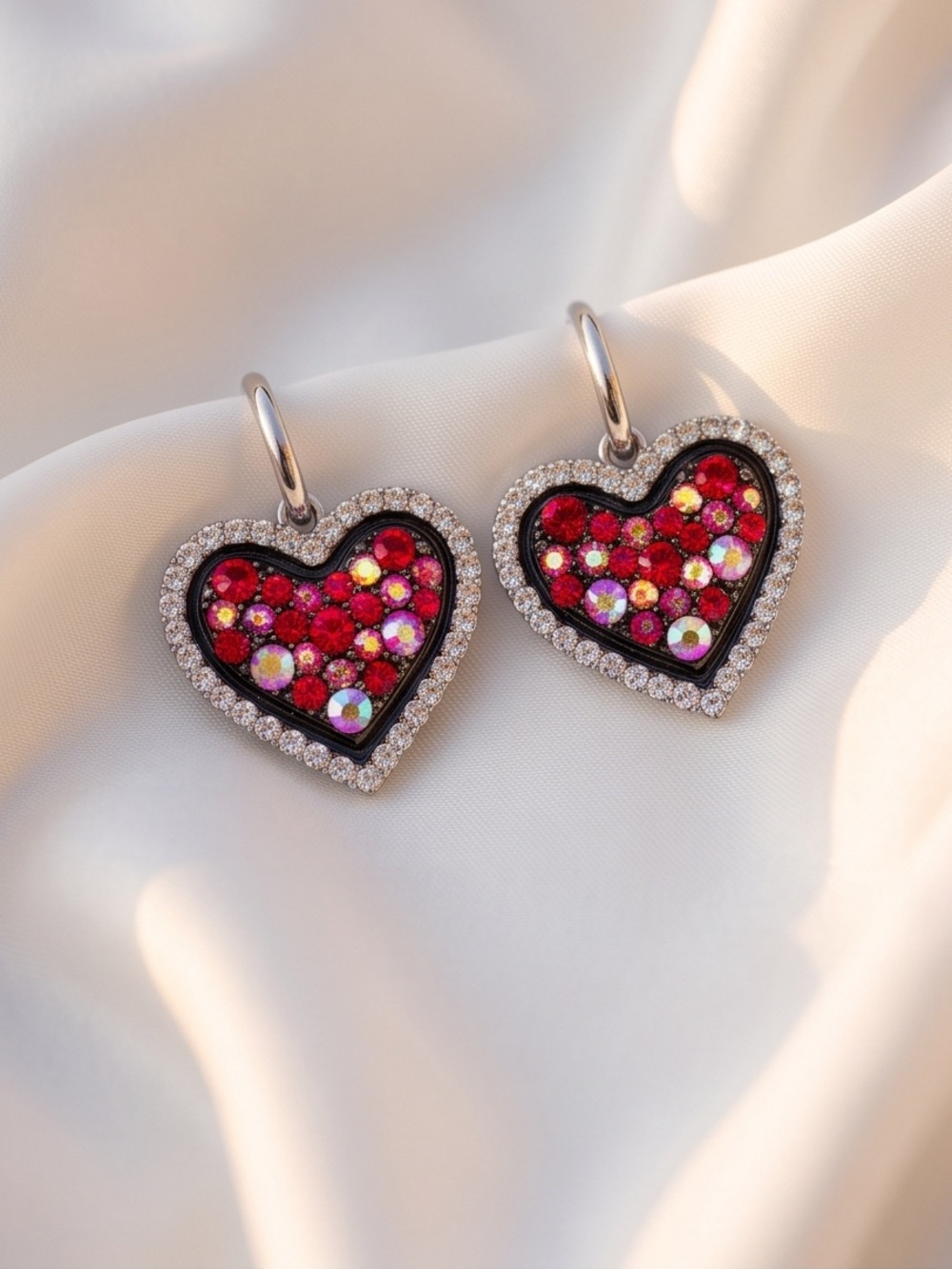 Zircon Heart Hoop Earrings in Red - Elegant Sparkle - Picture 2 of 6